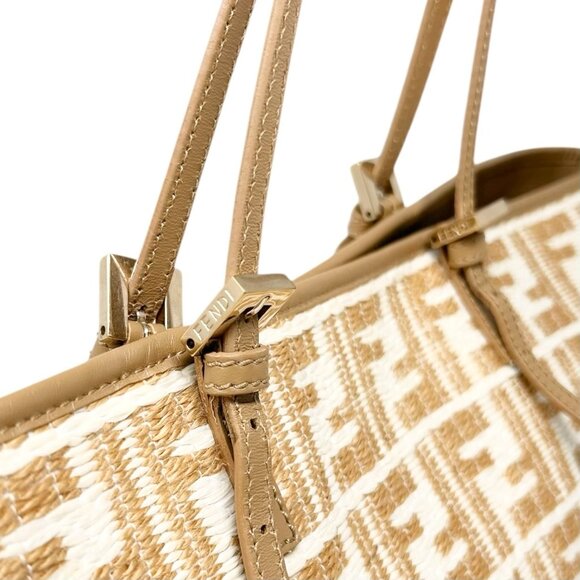 FENDI Vintage Zucca Straw Shoulder Tote Bag Beige Cream FF Logo Raffia [105689] - Picture 11 of 14